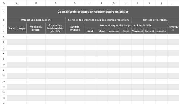 Calendrier de production hebdomadaire en atelier